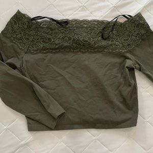 Olive green lace off shoulder crop top